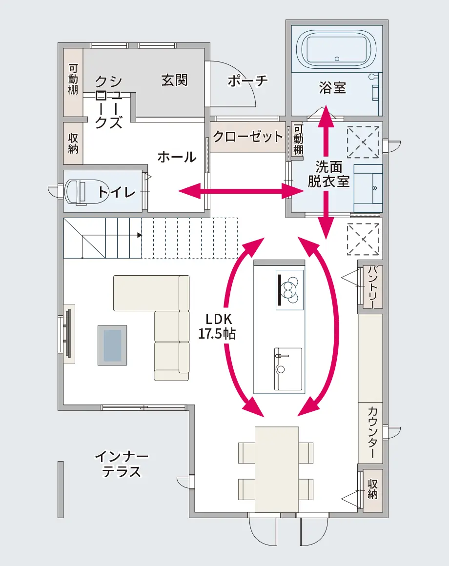 回遊ができるよう考え抜かれた家事動線